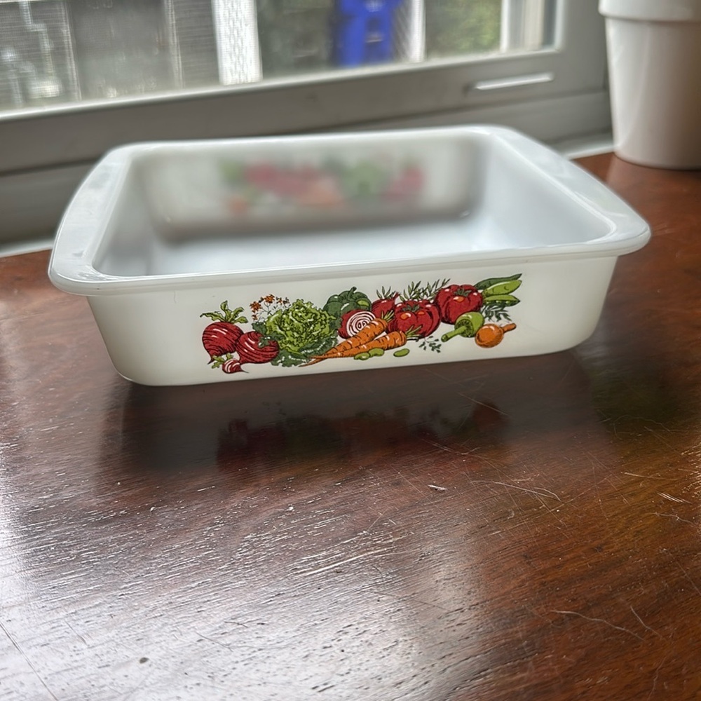 Glasbake Jeanette Milk Glass 8" square brownie baker W/ Vegetable Motif